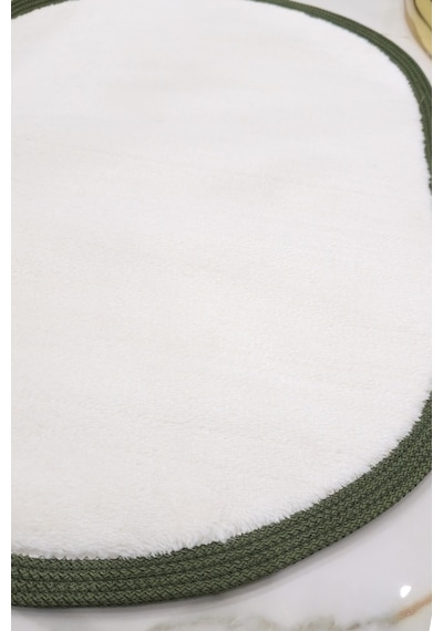 Kaymaz Taban Puffy Peluş Ultra Yumuşak 50x70 Cm Bordürlü Şık Tasarım, Suya Dayanıklı Banyo Paspası Beyaz-yeşil