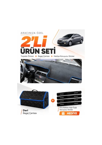 Fıat Linea 2007-2015 Uyumlu Torpido Örtüsü + Deri Bagaj Çantası + Sticker Seti - Siyah Mavi