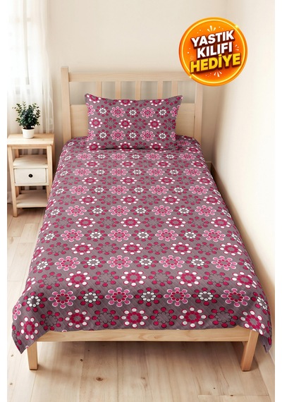 Pembe Çiçekli Geometrik Tek Kişilik Pike Takımı - Gri Nostaljik 160x220 Cm Kapitone Yatak Örtüsü Buharlı Sazlık Yankısı