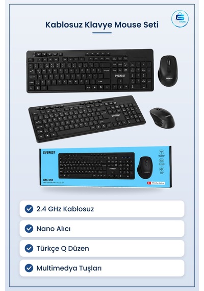 Mouse Klavye Seti Kablosuz Multimedya Siyah Q Düzen 2.4 Ghz Nano Optik