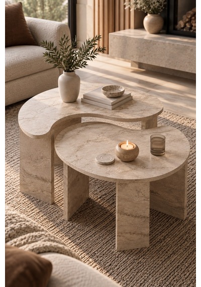 Sulorahome 2'li Oval Modern Orta Sehpa Seti Traverten Desenli Atlantik-traverten Sulorahome 2'li Oval Modern Orta Sehpa Seti Traverten Desenli Atlantik-traverten