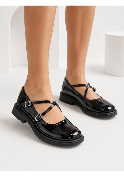 Dabab Shoes Marsel Kadın Siyah Rugan Çapraz Bantlı Tokalı 2 Cm Kalın Taban Mary Jane Ayakkabı