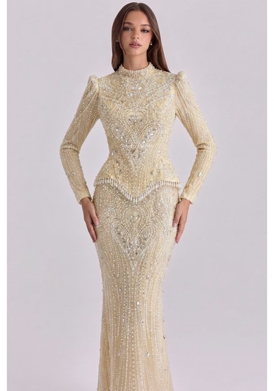 Olcay Pul Ve İnci Desenli Exclusive Tesettür Abiye Elbise Krem 1083