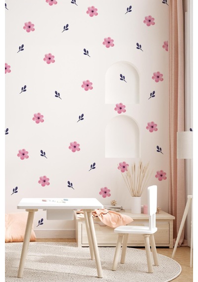 Soft Renklerde Pembe Çiçekler Ve Yapraklar Dekoratif Sticker Seti Duvar Kağıdı Görünümlü Sticker Dijital Baskı