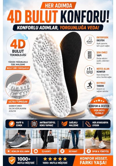 Ugravo Ortopedik Tabanlık - Şok Emici, Ark Ve Topuk Destekli Siyah Günlük Ayakkabı İçi Tabanlık 4d Bulut Teknolojisi