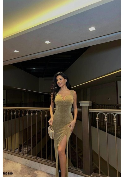 Lior Design Kadın Günlük Yırtmaçlı Maxi Askılı Abiye Elbise Gold