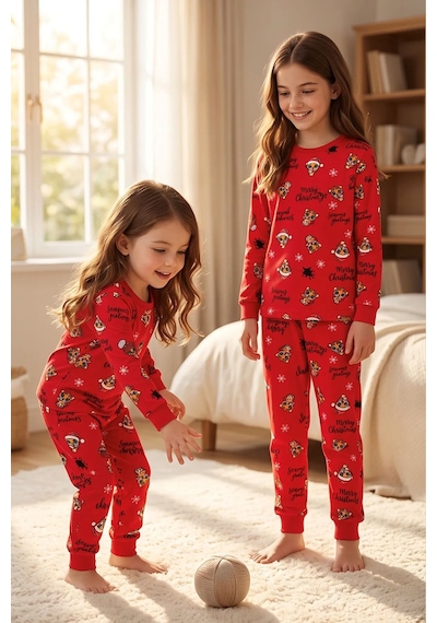 Zuzunga Kız Çocuk Yılbaşı Temalı Tiger Desenli Uzun Kollu Pijama Takımı Kırmızı