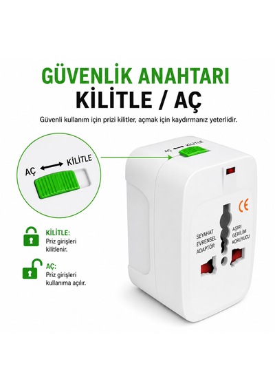 Universal Seyahat Adaptörü 150+ Ülke Uyumlu, Aşırı Gerilim Korumalı, Kompakt Ve Güvenli Priz Dönüştürücü