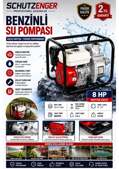 8 Hp 2 Inç Çıkışlı Benzinli Su Pompası 200 Mt Yatay Su Basar 4 Zamanlı Motor Turbo Güç Kırmızı 6011