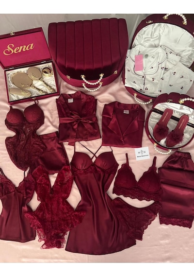 Mh Moony Homewears İsme Özel 23 Parça Lüks Gizem Bordo Bohça Çeyiz Seti Harika Bordo