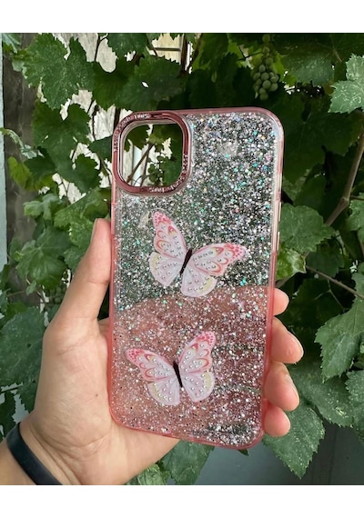 Apple Uyumlu iPhone 15 Plus Taşlı Simli Kelebekli Kılıf Pembe