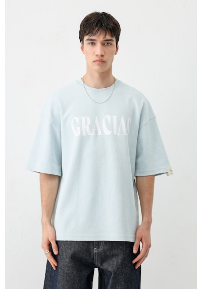 Vamos Oversize Baskılı Tişört V70-143 Bebe Mavi