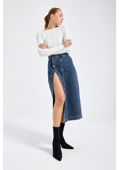 it's basic Kadın Tint Kot Rengi Tilia Önü Düğmeli Maxi Boy Denim Etek