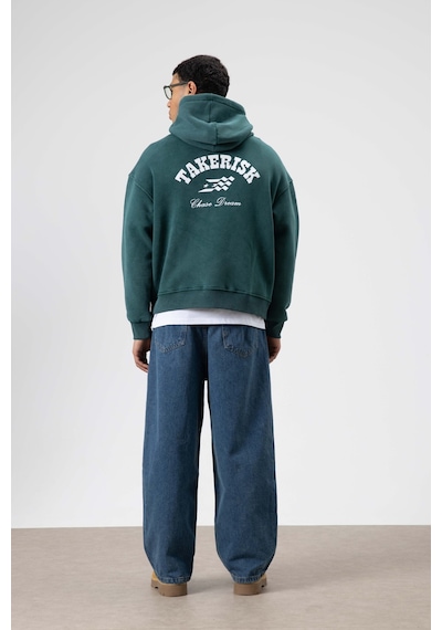 Vamos Oversize Yıkamalı Boxy Fit Kapüşonlu Sweatshirt Nefti Yeşil