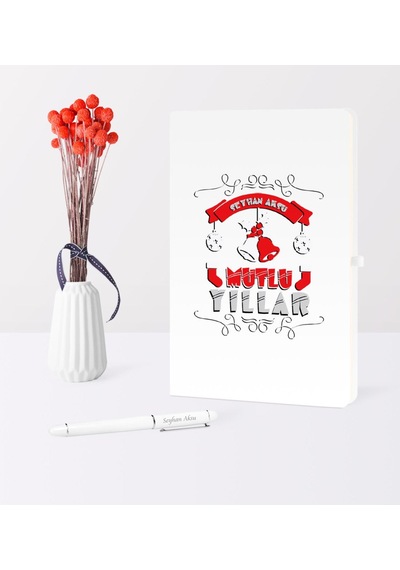 Kişiye Özel Yılbaşı Mutlu Yıllar Temalı Beyaz Defter Kalem Seti - 7