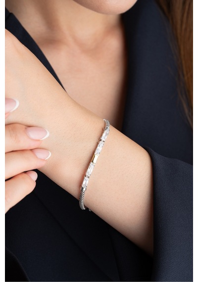 Çekirdekjewelry Baget Zirkon Taşlı 925 Ayar Gümüş Şık Kadın Bileklik Gri
