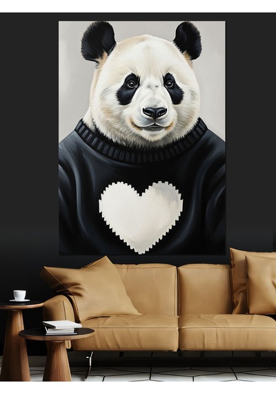 Ahşap Tablo Kalpli Siyah Beyaz Panda