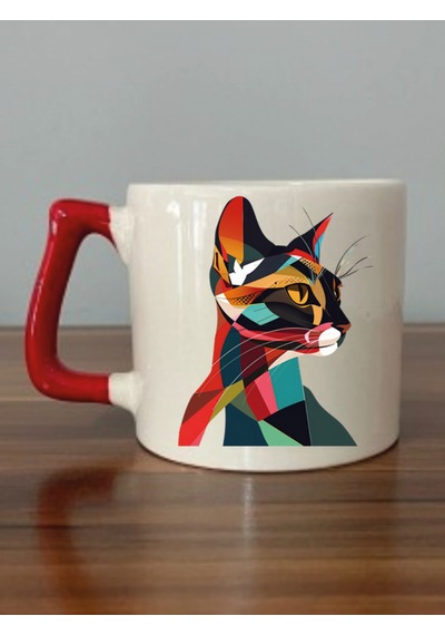 Modern Kedi Temalı Kırmızı Kulplu Kupa Bardak - Seramik Çay, Kahve Hediyelik Bardağı Beyaz