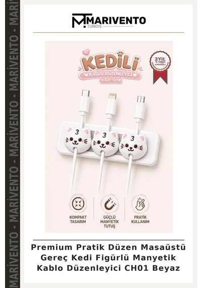 Premium Pratik Düzen Masaüstü Gereç Kedi Figürlü Manyetik Kablo Düzenleyici Ch01 Beyaz