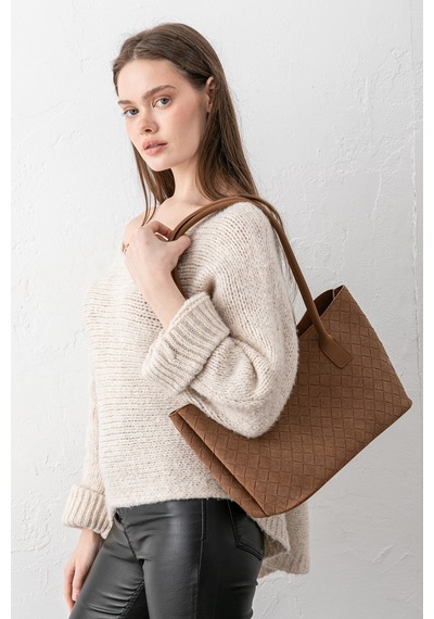 Paul Brand Terra Touch Örgü Desenli Yumuşak Süet Dokulu Makyaj Çantalı Kadın Shopper Omuz Çantası Taba