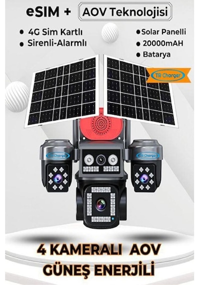 4 Kameralı E-sım Güneş Enerjili Güvenlik Kamerası Çift Güneş Pa