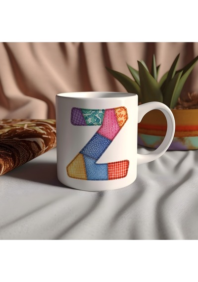 Z Harfi Renkli Yamalı Tasarım Kupa Bardak - Bohem Patchwork Desenli Kupa - Etnik Hediyelik Beyaz