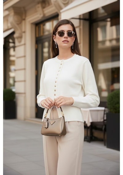 Lela Premium Comfort Fit Yuvarlak Yaka Crop Triko Bayan Hırka 680Hi00164 Ekru