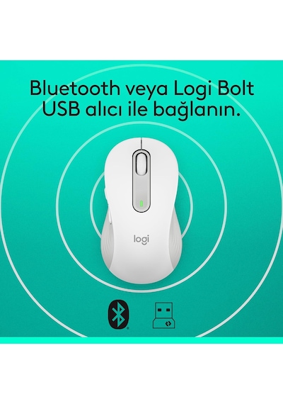 Signature M650 Kablosuz Mouse, Büyük Boy Sağ El İçin, Sessiz, 4000 Dpı, Bluetooth, Logi Bolt Usb Alıcı, 24 Ay Pil Ömrü, Beyaz