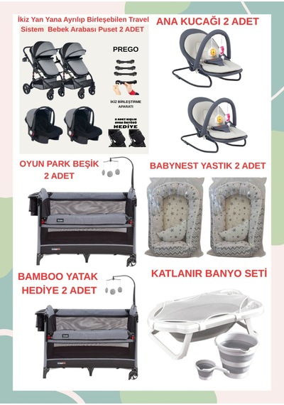 Yeni Doğan İkiz Bebek Çeyiz Seti Beşik Bebek Arabası Ana Kucağı Banyo Seti Baby Nest Gri1