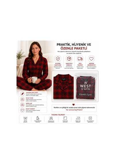 Westicgiyim Kadın Süet Pijama Takımı Kırmızı Ekose Desenli Uzun Kollu Düğmeli Yumuşak Dokulu Kışlık S/m-2xl