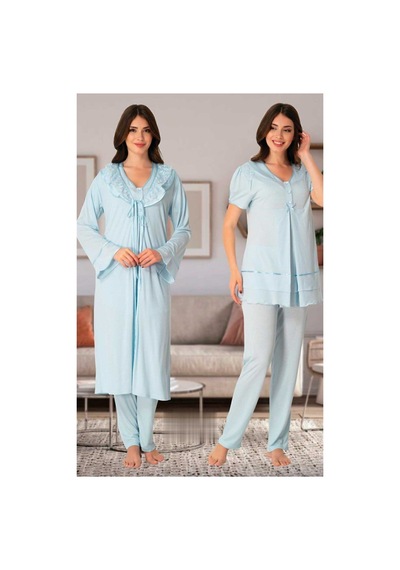 Effortt Kadın Mavi Yakası Dantel Sabahlıklı Hamile Lohusa Pijama Takımı Mavi
