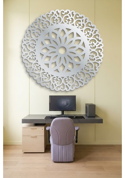 Lotus Mandala Metal Duvar Tablosu - Duvar Sanatı - Duvar Dekoru - Gümüş