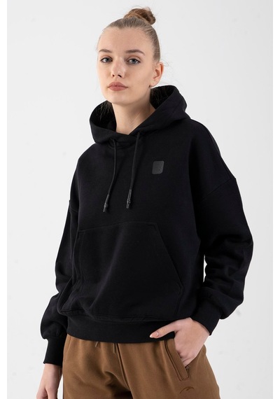 Maraton Oversize Kadın Kapüşonlu Siyah Sweatshirt Siyah