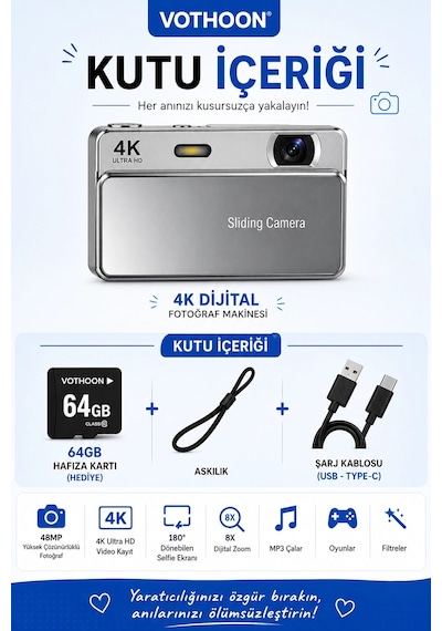 Dijital Kamera 4k Hd 48mp 16x Zoom Flaşlı Kayar Retro Video Kamera 2.8 Ekran 64gb Sd Kart li