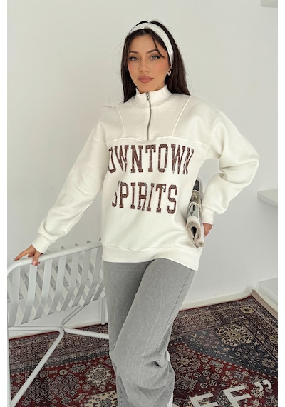 Noa & Noa Kadın Fermuarlı Baskılı Sweatshirt Downtown Energy Beyaz