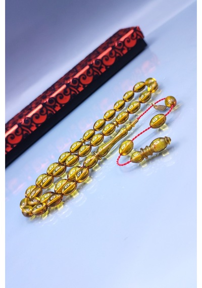 7 x 11 MM Mustafa Uysal İmzalı Altın Rengi Ateşi Kehribar Tesbih