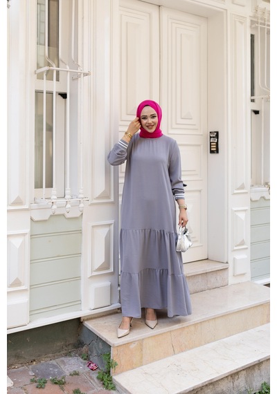 Hb Harma Time Butik Kadın Kat Kat Ribanalı Gri Tesettür Elbise