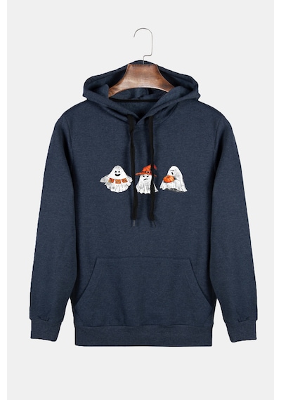 Unisex İndigo Kapüşonlu Cadılar Bayramı Boo Baskılı Slim Fit Kanguru Cepli Sweatshirt Indigo