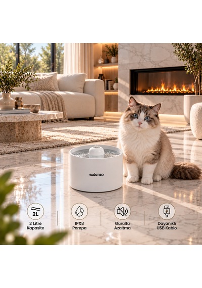 Haustier Wf013 Seramik Otomatik Kedi Su Sebili,kedi Su Pınarı, 2lt Hazne,çok Katmanlı Filtrasyon,ultra Sessiz