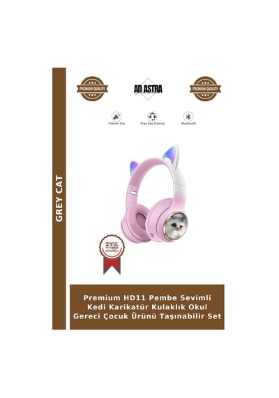 Premium Hd11 Pembe Sevimli Kedi Karikatür Kulaklık Okul Gereci Çocuk Ürünü Taşınabilir Set