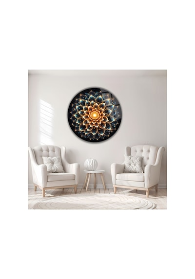 Modern Işıltılı Mandala Desenli Çiçekli Yuvarlak Dekoratif Cam Tablo Lüks Duvar Sanatı Çiçek Temalı Dekoratif Duvar Tablosu, Salon Ve Yatak Odası Dekoru, 100x100 Cm