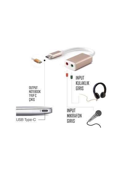 Type C To 3.5mm Aux Kulaklık Mikrofon Cevirici Ses Kartı