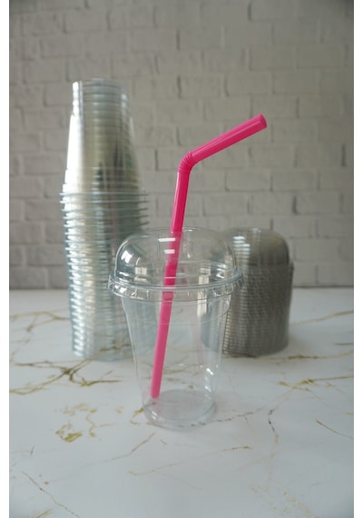 5'li Plastik Milkshake Bardağı Kapak Pipet 12 Oz 350 Cc