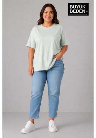Superlife Büyük Beden Kadın Bisiklet Yaka Yırtmaç Detaylı 3xl-6xl Tunik Tişört Spr26btsk501 Yeşil