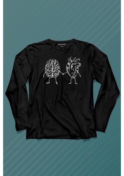 Kalp Ve Beyin Aşk Akıl Mantık El Ele Duygusal Zeka Uzun Kollu Tişört Baskılı T-shirt 001