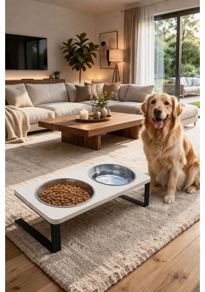 Reyo Ok-ay Store Radessa Xl Yüksek Standlı Çift Hazneli Mama Ve Su Kabı, Büyük Ve Orta Boy Köpek Ve Kedi Su Kabı Paslanmaz Çelik Krem