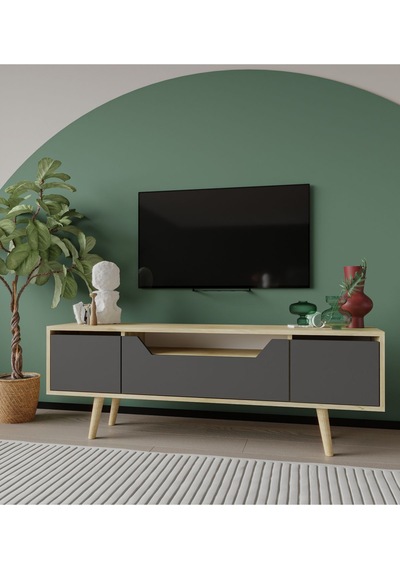 Roma Ahşap Ayaklı Tv Ünitesi Tv Sehpası Safir Meşe - Antrasit 150 Cm
