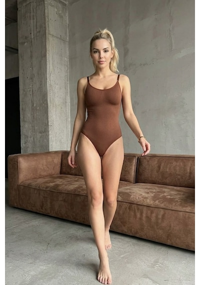 Fit Women Kadın Yüksek Bel Dar Kesim Streç Kahverengi Body