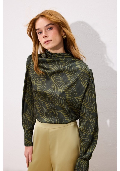 Sateen Drape Detaylı Desenli Bluz - Yeşil-136746 Yeşil