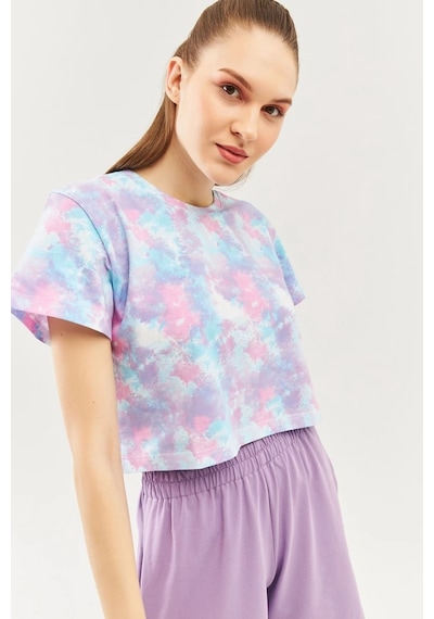 Kadın Rahat %100 Pamuklu Penye Bisiklet Yaka Kısa Kol Basic Crop T-shirt Batik Aqua